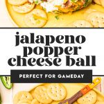 cheese ball on yellow platter with round crackers