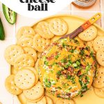 cheese ball on yellow platter with round crackers