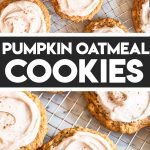 pumpkin oat cookies with frosting on cooling rack