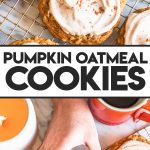 hand grabbing giant pumpkin oat cookie with icing