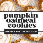 pumpkin oat cookies with frosting on cooling rack