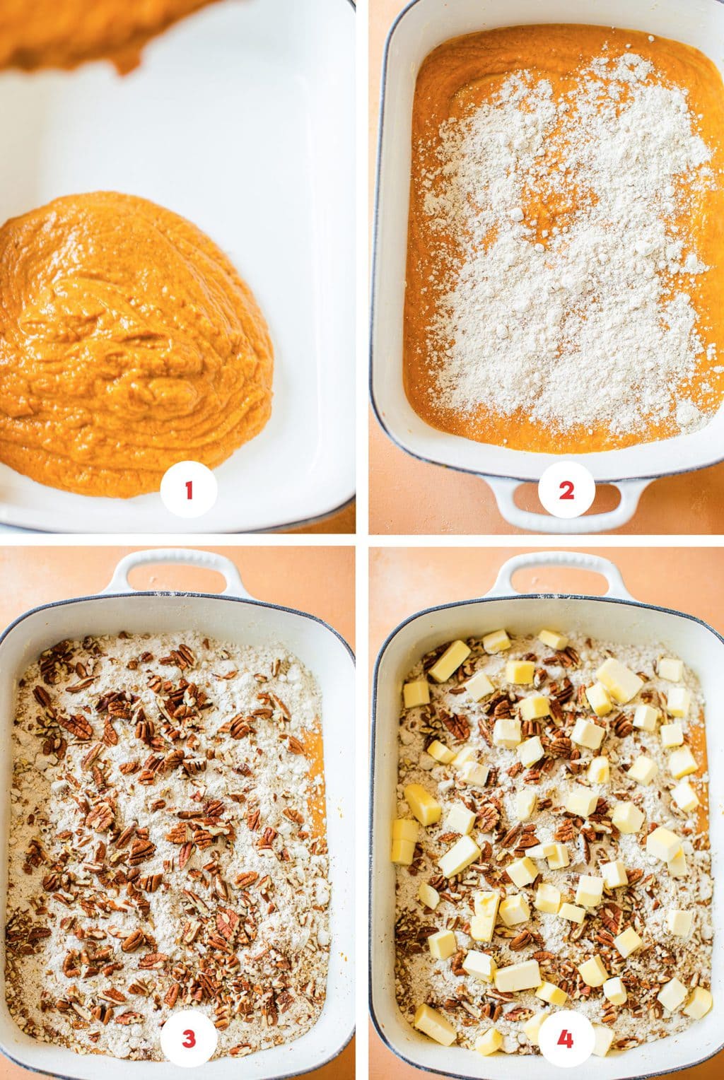 a four square grid step by step on ho to make pumpkin dump cake