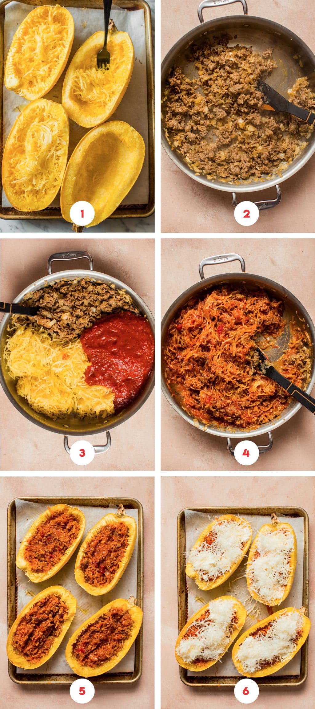 six grid photo preparing spaghetti squash lasagna boats