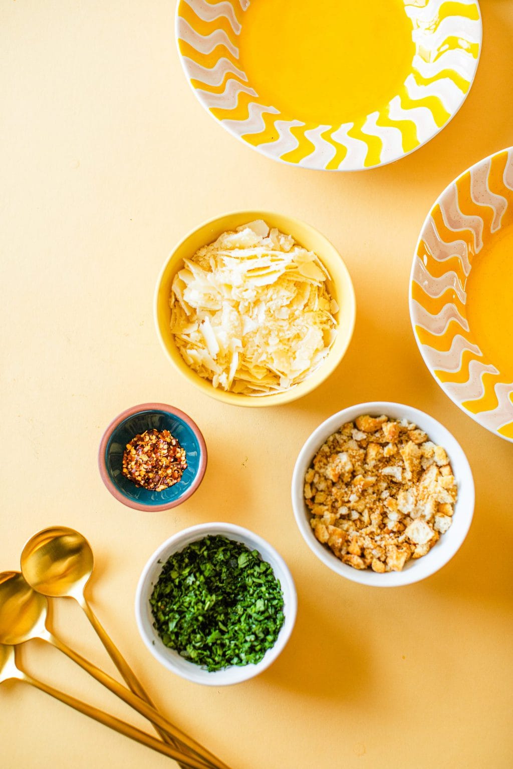 grated parmesan, crushed croutons, red pepper flakes, chopped parsley