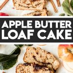 sliced apple loaf cake with cinnamon sticks and apples