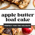 sliced apple loaf cake with cinnamon sticks and apples