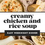 creamy chicken and rice soup in two bowls