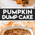 pumpkin dump cake in a white casserole dish