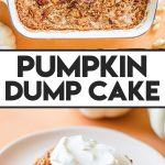 pumpkin dump cake in a white casserole dish and a slice on a white plate