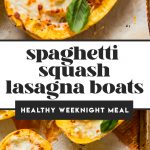 spaghetti squash filled with meat, sauce and cheese on baking sheet