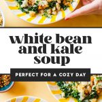 two bowls of white bean soup with toppings