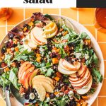 overhead of fall salad recipe with two spoons