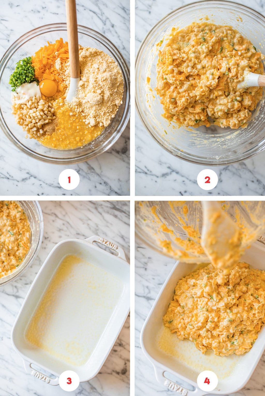 four step grid preparing cornbread casserole for oven