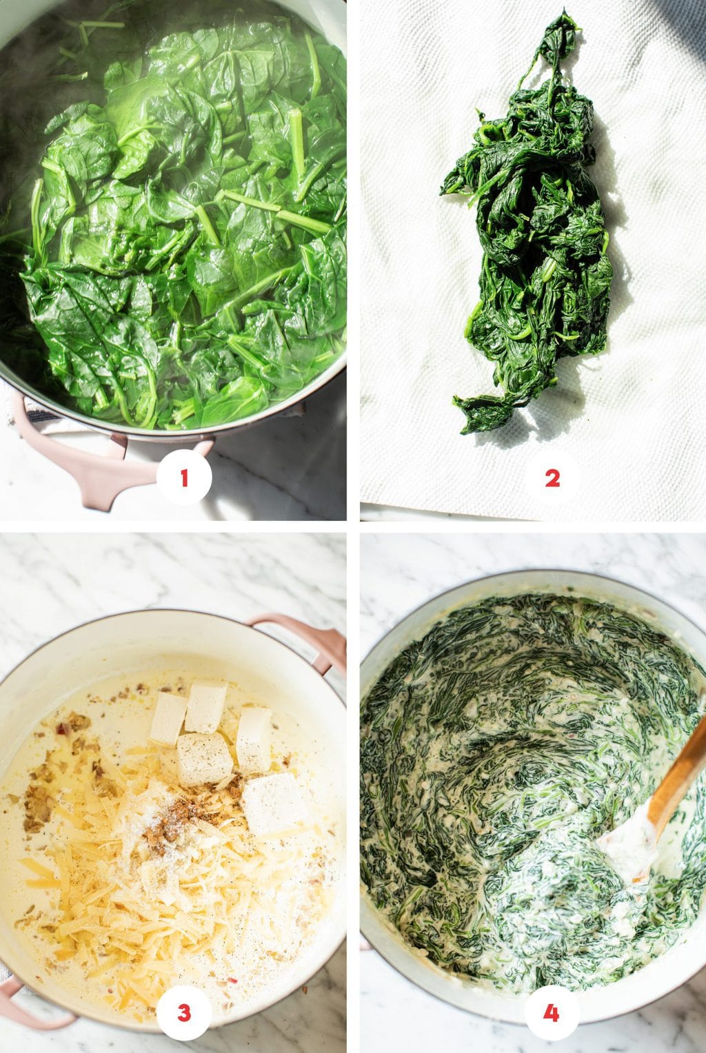 four step grid for creamed spinach recipe