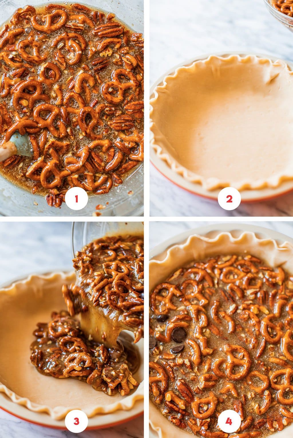 four step grid prepping maple butter pecan pie for oven