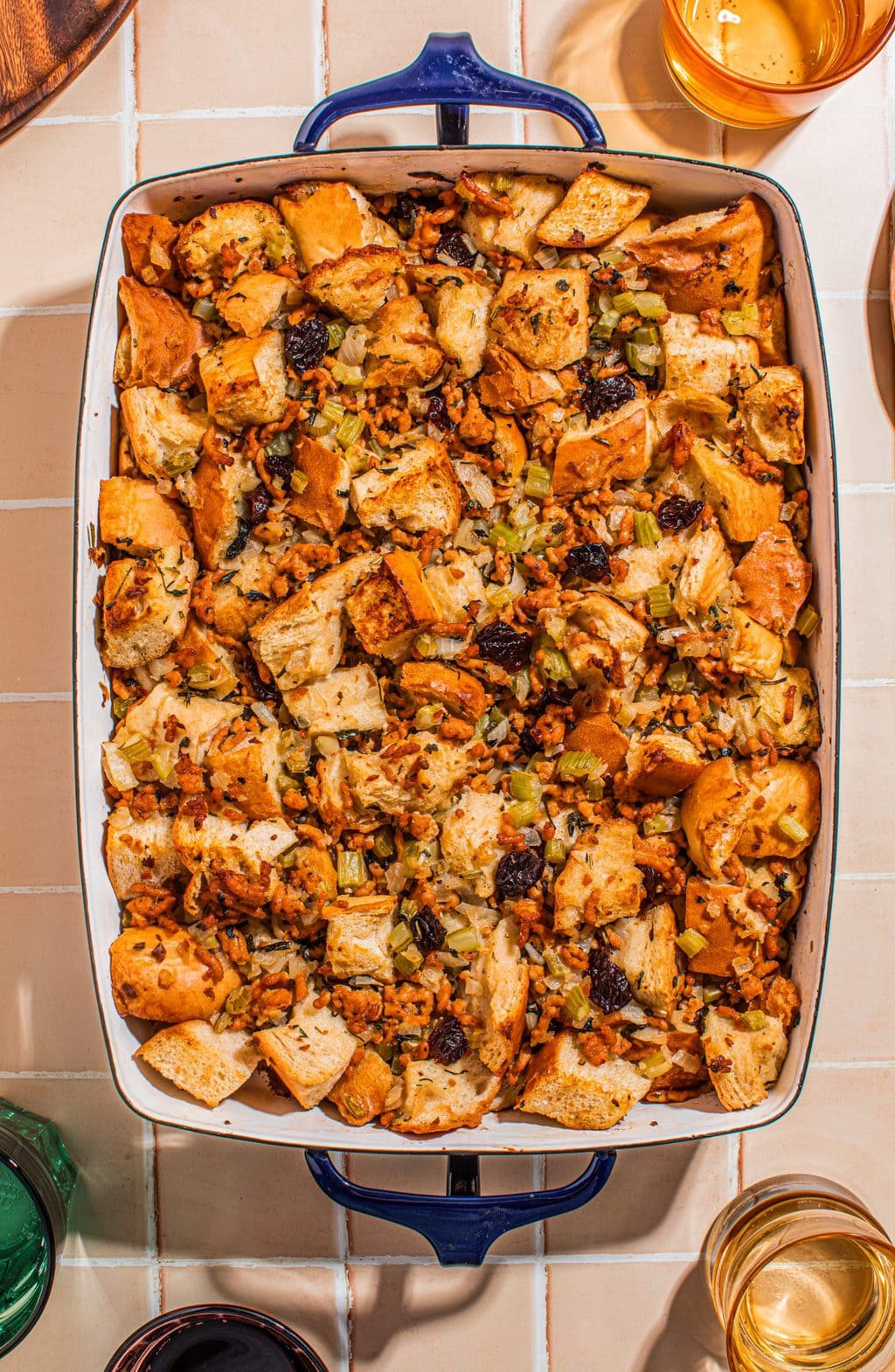 sausage stuffing in white casserole dish