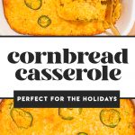 baked cornbread casserole in white casserole dish with serving spoon