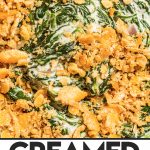 close up of creamed spinach with cracker topping