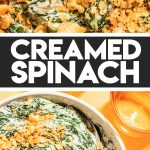 best creamed spinach with cracker topping in white bowl with spoon