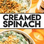 easy creamed spinach with cracker topping in white bowl with spoon