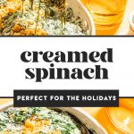 creamed spinach with cracker topping in white bowl with spoon