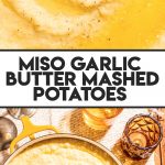 creamy garlic butter mashed potatoes in yellow pot with wooden spoon