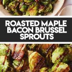 Brussel sprouts in a pink bowl drizzled with balsamic vinegar glaze.