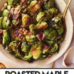 Brussel sprouts in a pink bowl drizzled with balsamic vinegar glaze.