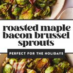 Brussel sprouts in a pink bowl drizzled with balsamic vinegar glaze.