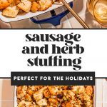 sausage and herb stuffing in white casserole dish