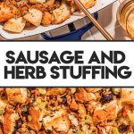 sausage and herb stuffing in white casserole dish