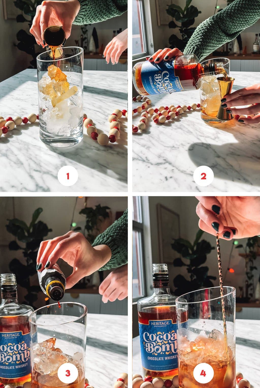 A step by step grid on how to mix together a chocolate manhattan.