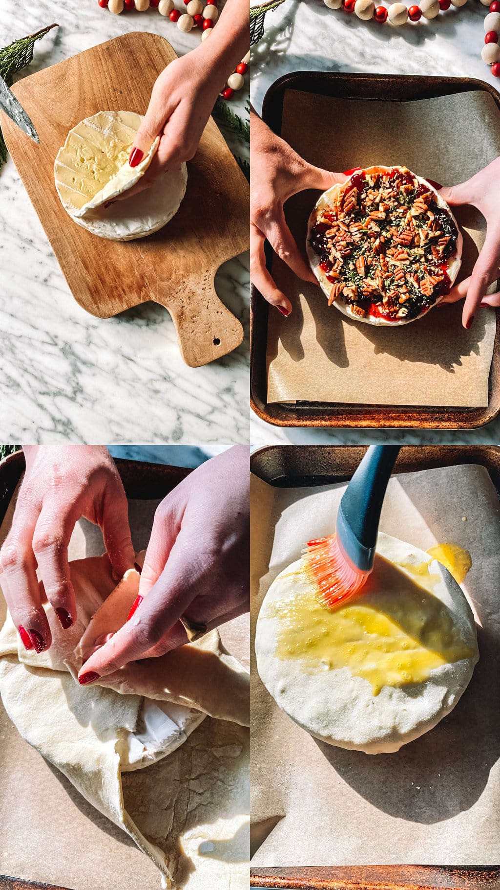 Step by step grid on how to make baked brie. 