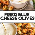 deep fried stuffed olives on white platter with aioli in bowl