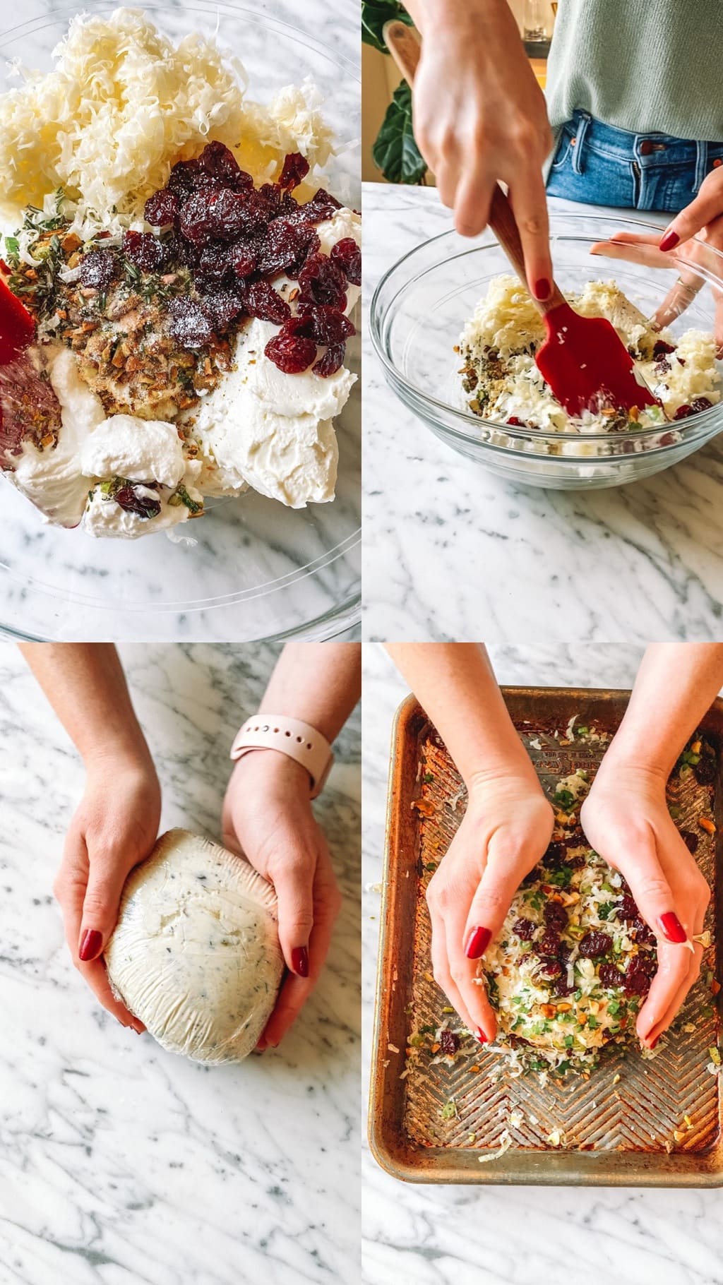 A step by step grid on how to make a cranberry pistachio cheese ball.