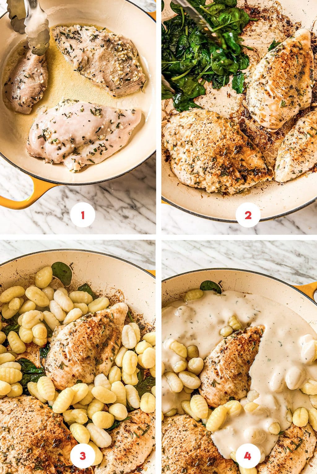 four step grid making chicken gnocchi recipe in skillet