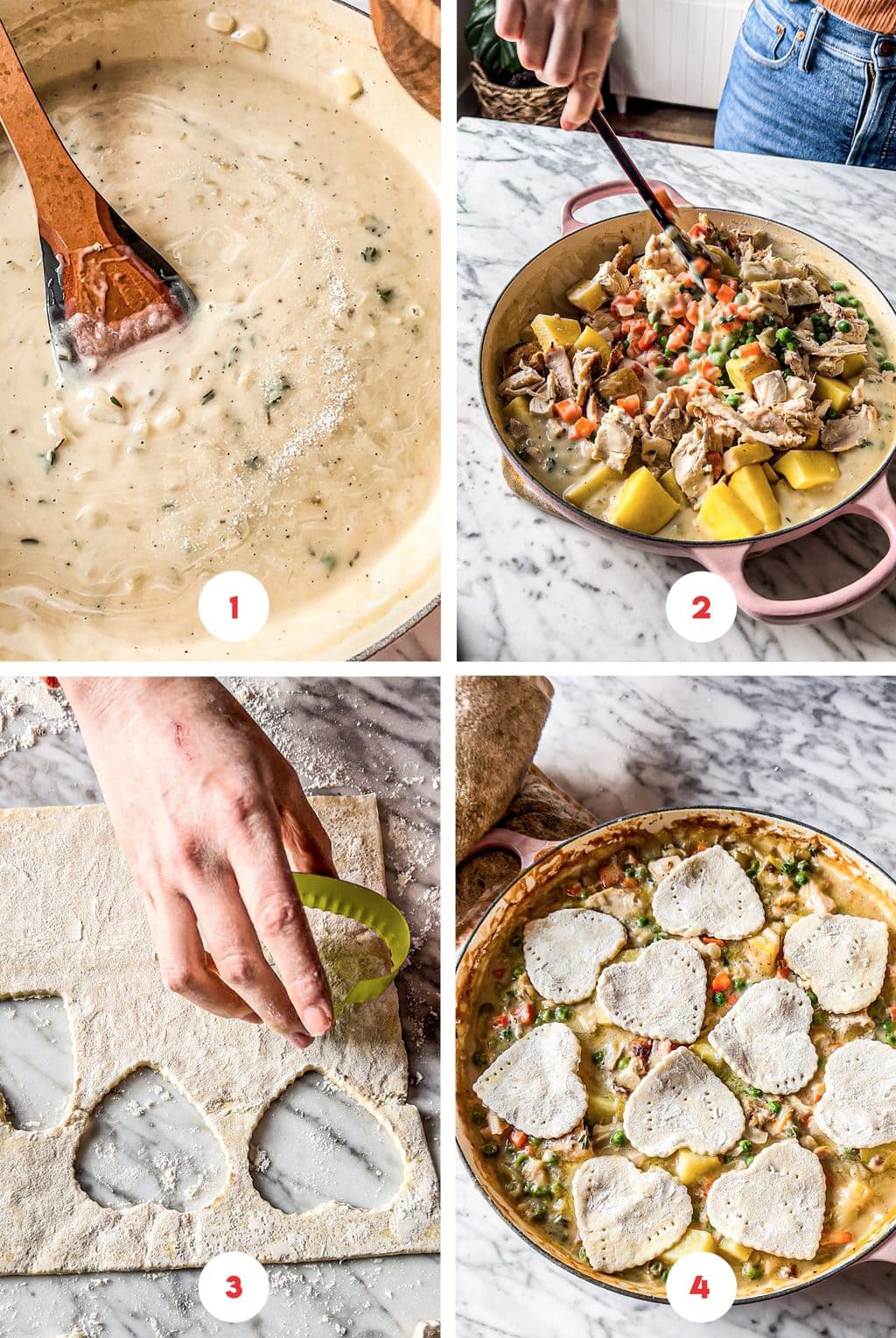 four step grid making chicken pot pie casserole homemade