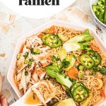 chicken ramen soup in white bowl with spoon