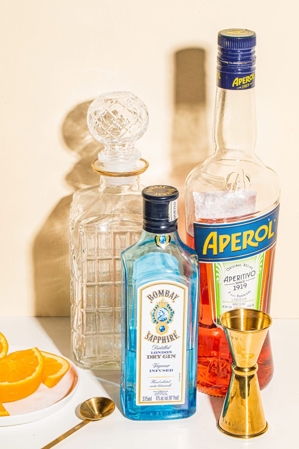 glass liquor bottle, Bombay Sapphire gin, Aperol