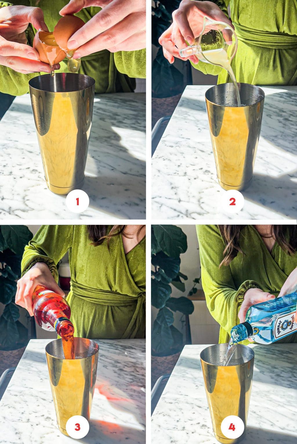 four step grid making aperol sour cocktail in shaker