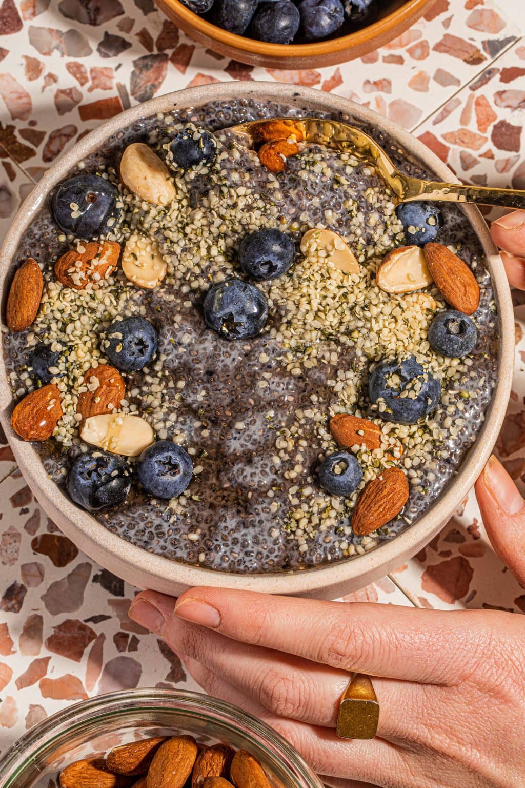 blended blueberry and chia pudding in bowl topped with berries, hemp seeds and nuts