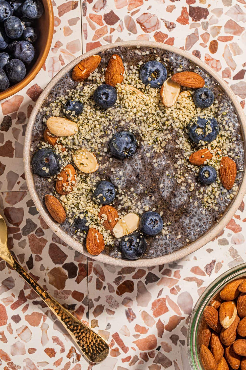 blueberry pudding in bowl topped with berries, hemp seeds and nuts