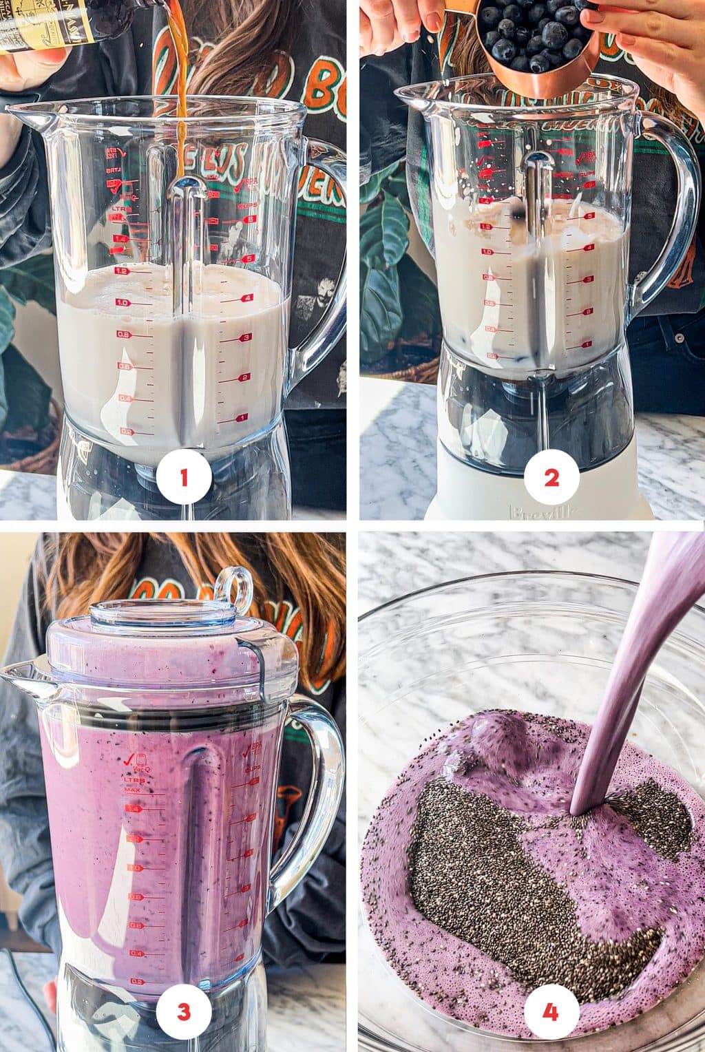 four step grid making blueberry chia pudding in blender