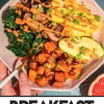 savory sweet potato breakfast recipe in pink bowl with chipotle sauce