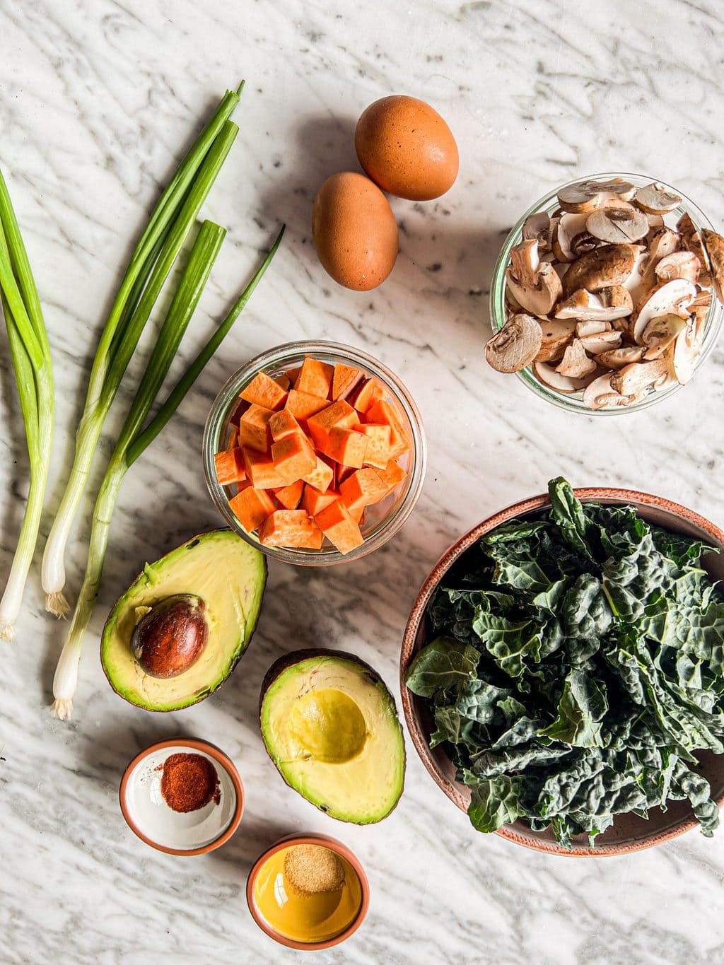 scallions, eggs, mushrooms, sweet potatoes, kale, avocado