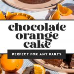 chocolate orange cake on a pink platter