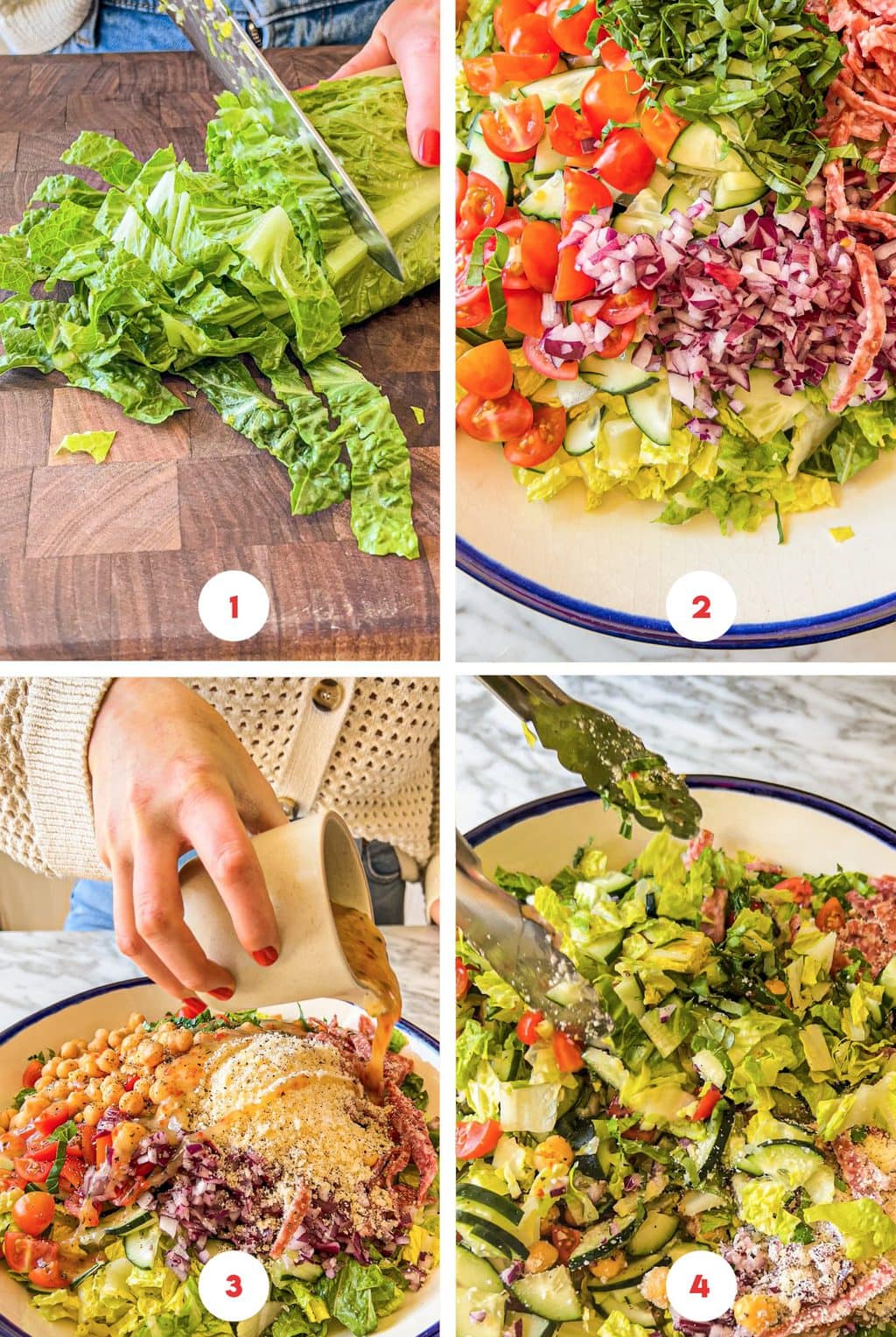 four step grid preparing Italian dressing and salad