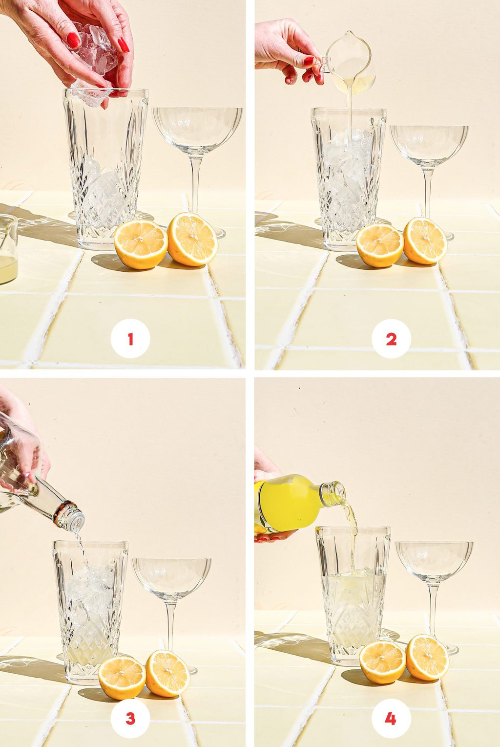 Step by steps on how to make a limoncello martini with vodka, fresh lemon juice, ice and a cocktail shaker