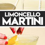 two hands placing lemon peel on lemon martini in coupe glass