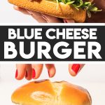 hand holding burger with blue cheese over blue plate